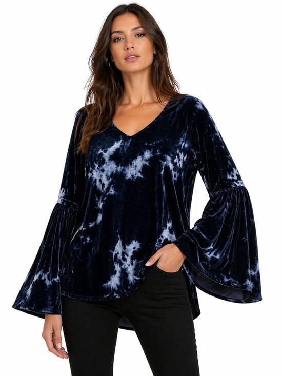 Fifteen Twenty Tops - FIFTEEN TWENTY Silk Blend Velvet Tie-Dye Bell Sleeve Tunic Top Blue Medium